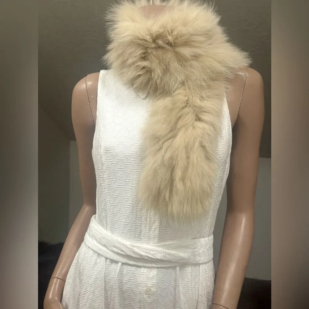 Real Fox Fur Scarf, Soft & Cozy Knitted Fox Fur Scarf, Beige Fox fur Collar
